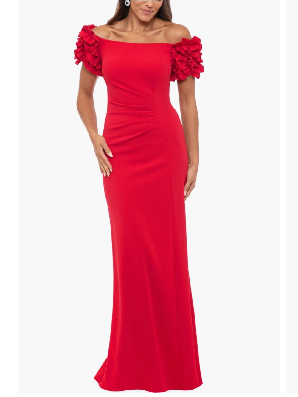 NWT XSCAPE Red Voluminous Ruffle Off The Shoulder Ruched Back Zipper Gown Size 6
